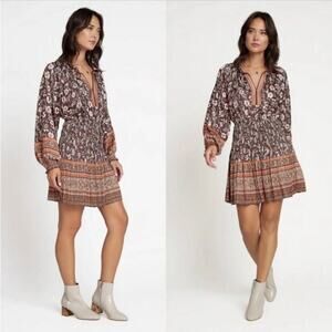 Anthro Current Air Alyce Floral Pleated Blouson Mini Dress Brown Pink XXS Petite